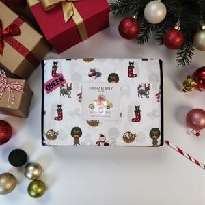 Cynthia Rowley‎ Queen Sheet Set Christmas Cats & Reindeer Design gift luxurious